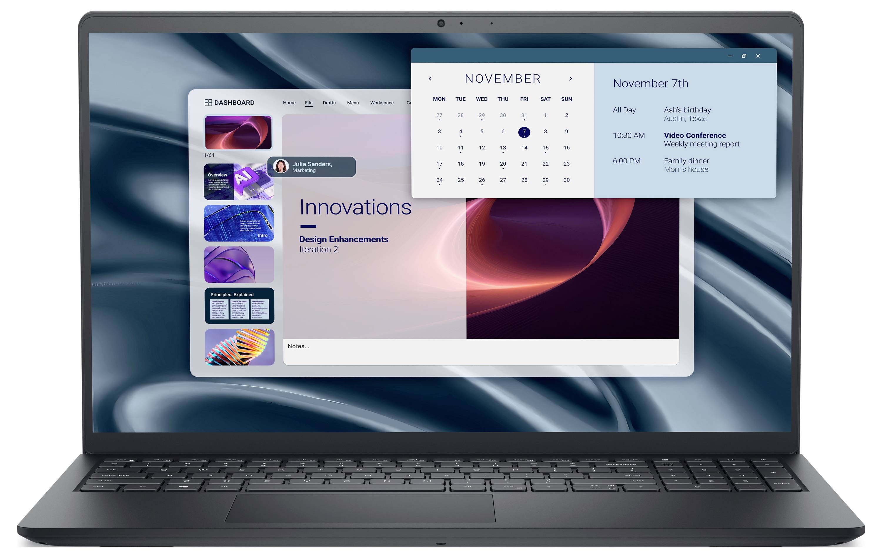 Un ordinateur portable affiche un tableau de bord avec une section « Innovations » ouverte et un calendrier de novembre suspendu au-dessus, montrant un événement le 7 novembre.