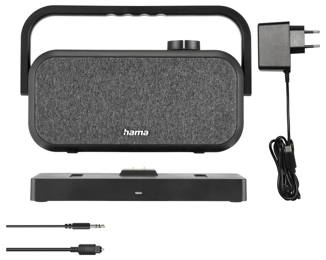 Ensemble enceinte portable avec station d'accueil et adaptateur, comprenant des câbles auxiliaire et micro USB pour la connectivité. Marque : Hama.