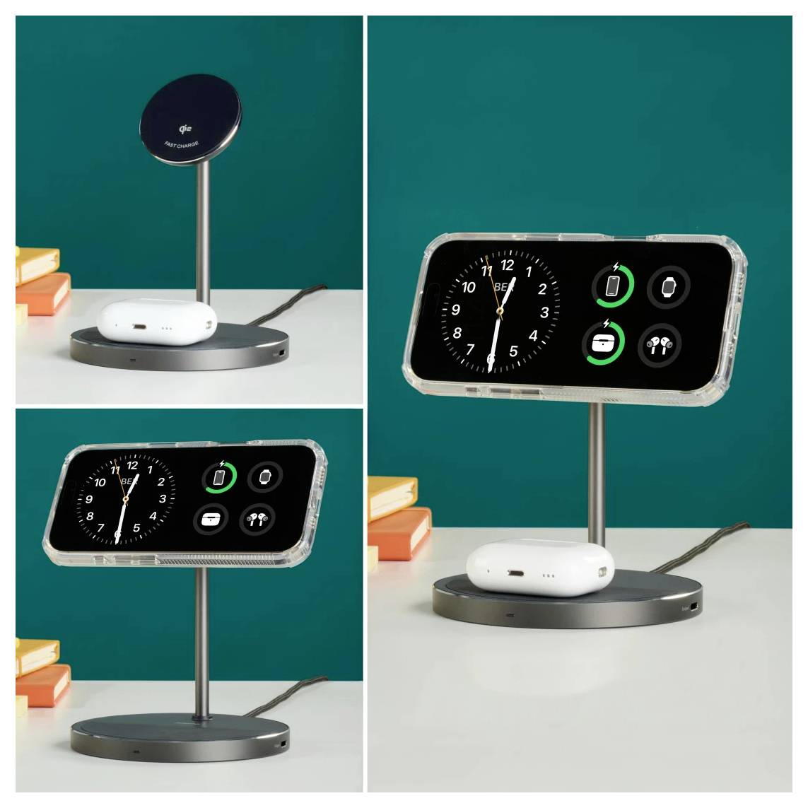 Un téléphone est monté horizontalement sur un support avec un affichage d'horloge numérique, montrant l'heure et l'état de charge, à côté d'un pad de chargement.