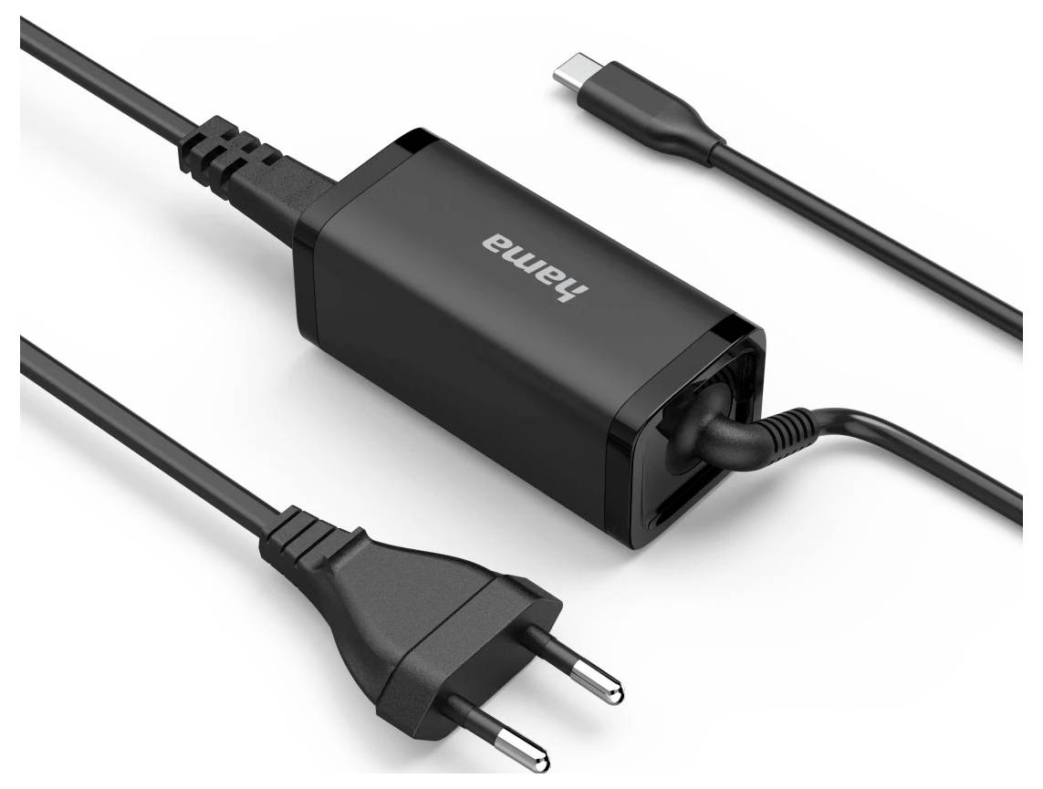 Un chargeur Hama noir pour ordinateur portable, comprenant un cordon d'alimentation connecté et un câble USB-C, conçu pour un chargement efficace avec une compatibilité avec les fiches européennes.