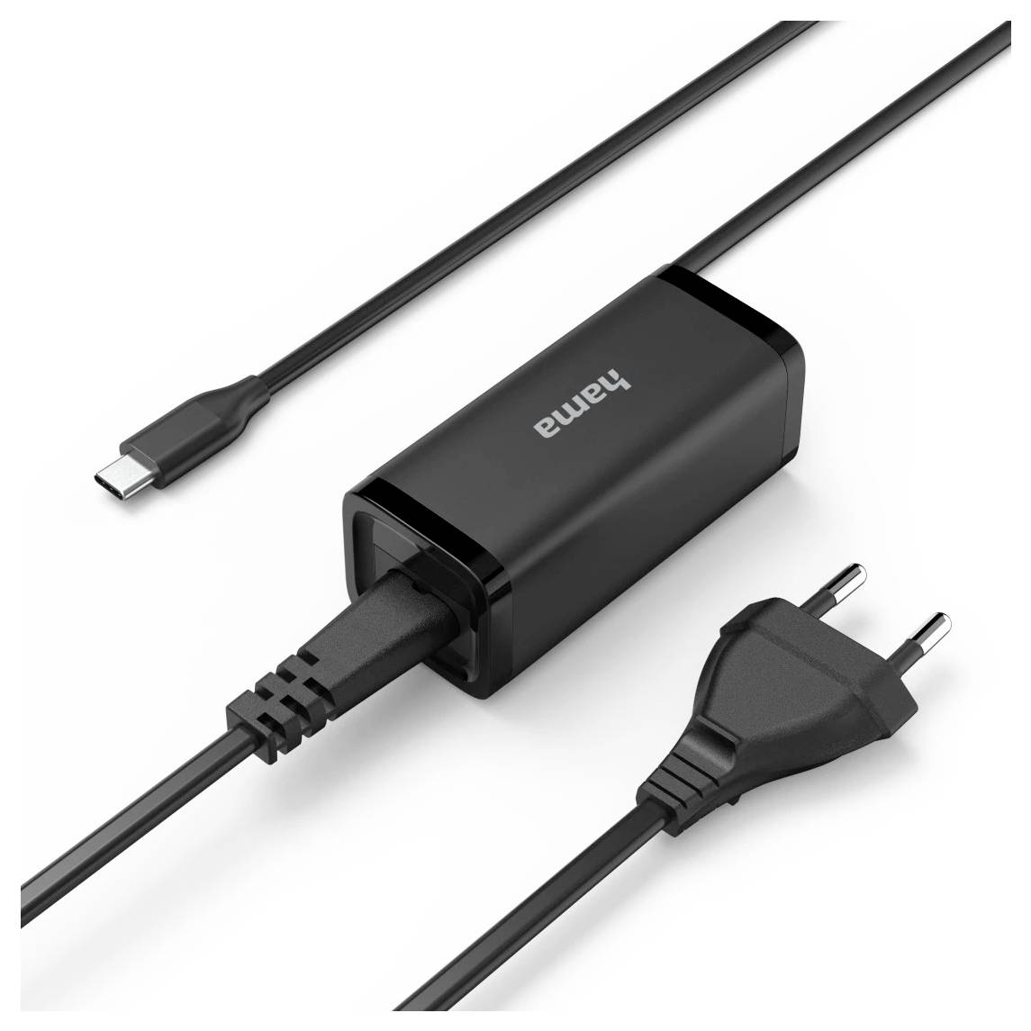 « Un chargeur Hama pour ordinateur portable noir avec un connecteur USB-C et une prise européenne, placé contre un fond blanc. »