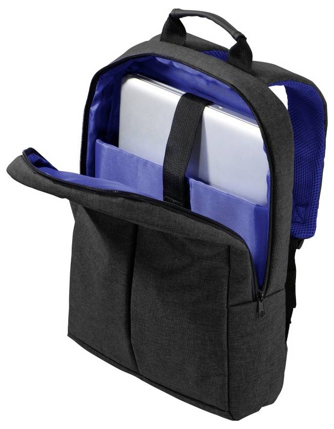 Sac à dos noir avec une poche avant à fermeture éclair, ouvert pour montrer un ordinateur portable et un carnet dans le compartiment principal.