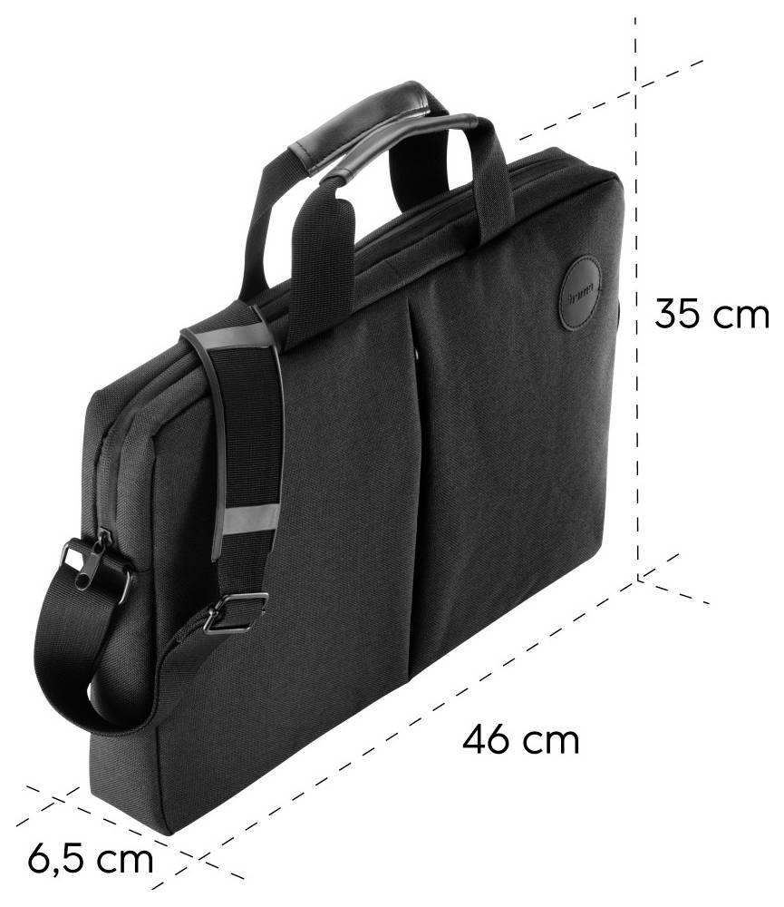 Serviette pour ordinateur portable noire présentée de profil avec bandoulière et poignées ; dimensions étiquetées 46 cm de long, 35 cm de haut, 6,5 cm de profondeur.