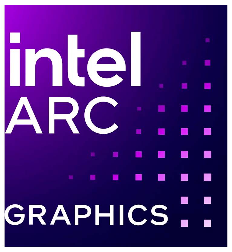 Logo 'Intel ARC Graphics' : présente un fond dégradé de couleur pourpre avec du texte blanc et des éléments de design de style pixel sur la droite.