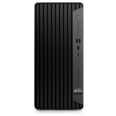 Une tour d'ordinateur de bureau noir avec des rainures verticales sur le panneau avant. Plusieurs ports USB, des prises audio et un bouton d'alimentation sont visibles.