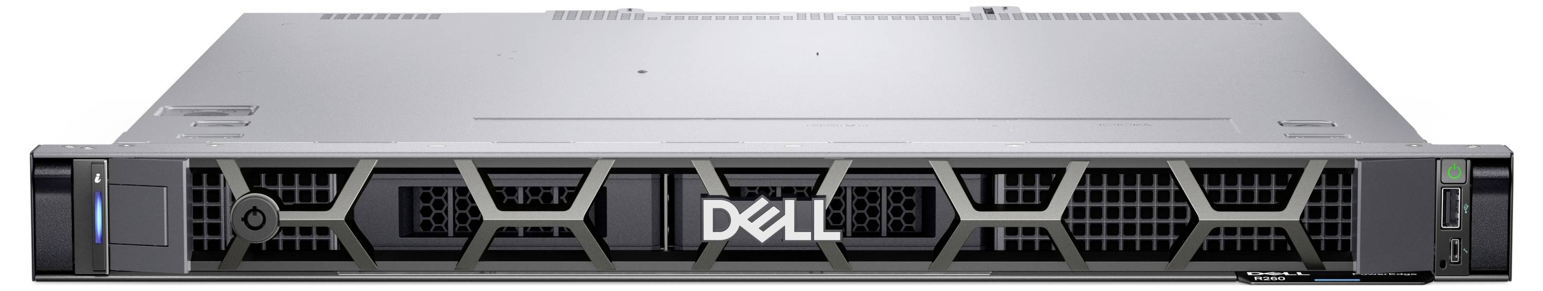 Serveur Dell PowerEdge vu de face, présentant un design élégant avec des grilles de ventilation et le logo Dell au centre.