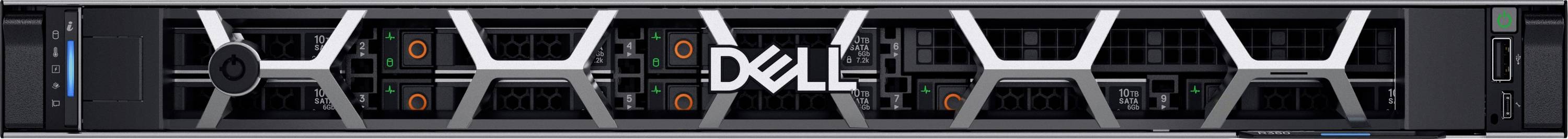 L'image montre l'avant d'un rack de serveur Dell, avec le logo Dell au centre et plusieurs panneaux de ventilation.