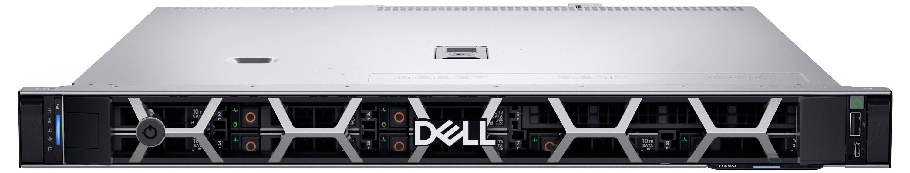 Un rack de serveur Dell, vue de face, montrant plusieurs baies de disques et le logo Dell au centre.