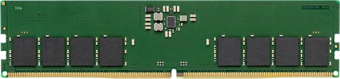 Un module de RAM informatique vert avec plusieurs puces de mémoire noires et une rangée de connecteurs dorés en bas.