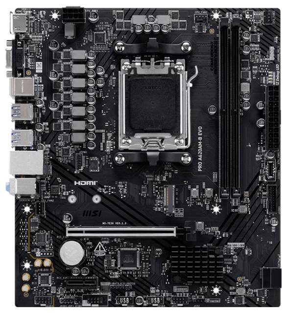 Une carte mère noire avec un socket processeur, plusieurs emplacements pour la RAM, un port HDMI et divers connecteurs pour périphériques et composants.