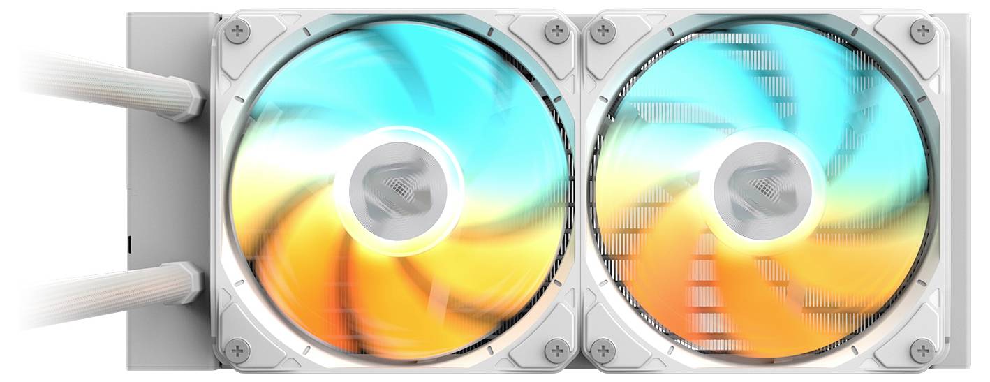Un système de refroidissement pour ordinateur à double ventilateur avec éclairage LED bleu sarcelle et orange vif, conçu pour améliorer la circulation d'air et maintenir une température optimale.