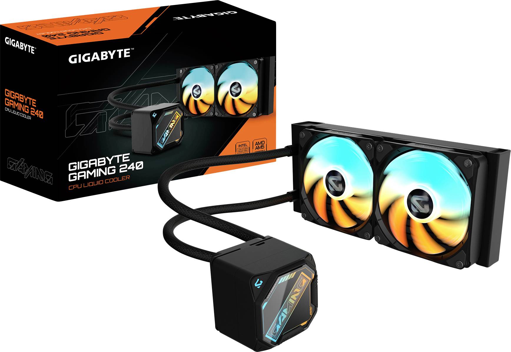 Refroidisseur de CPU liquide 'Gigabyte Gaming 240' avec deux ventilateurs, éclairage RVB et bloc de pompe. Boîte avec marque et image du produit en arrière-plan.