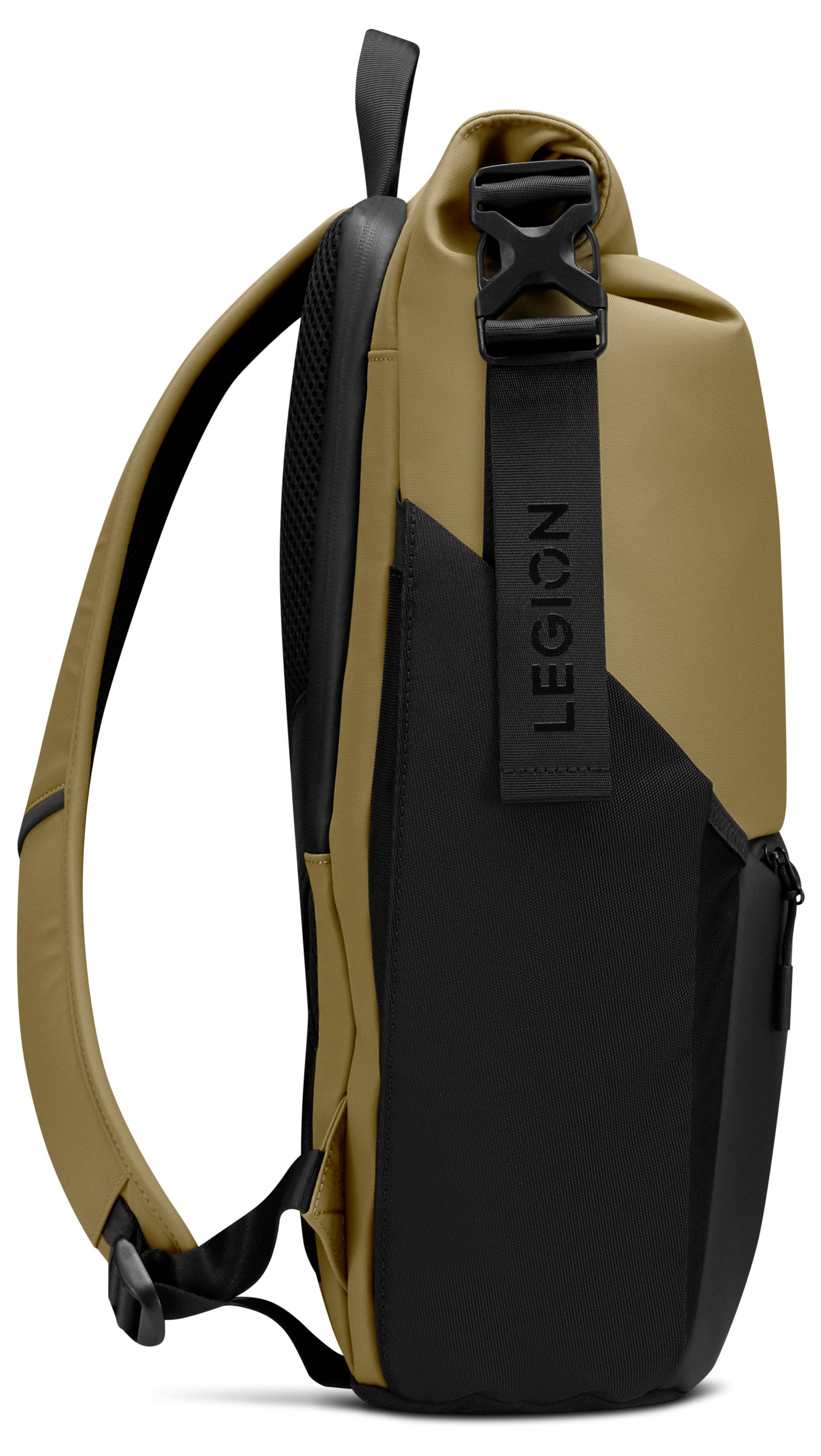 Un sac à dos beige et noir avec des sangles réglables, une poche latérale et l'étiquette 'LEGION', conçu pour la fonctionnalité et le style.