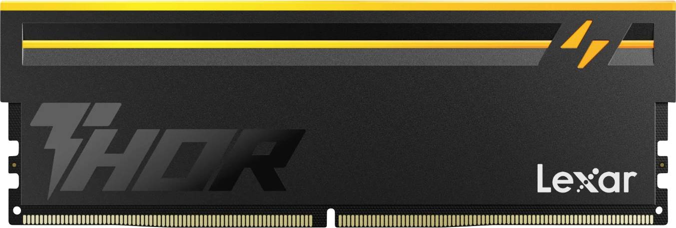 Un module de RAM Lexar THOR noir avec des accents dorés, arborant le logo Lexar sur la droite et le mot « THOR » en lettres grasses sur la gauche.