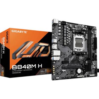 Boîte et carte mère portant la marque « GIGABYTE B840M H ». Les caractéristiques comprennent un socket LGA, des emplacements pour RAM et divers connecteurs pour l'assemblage d'un ordinateur.