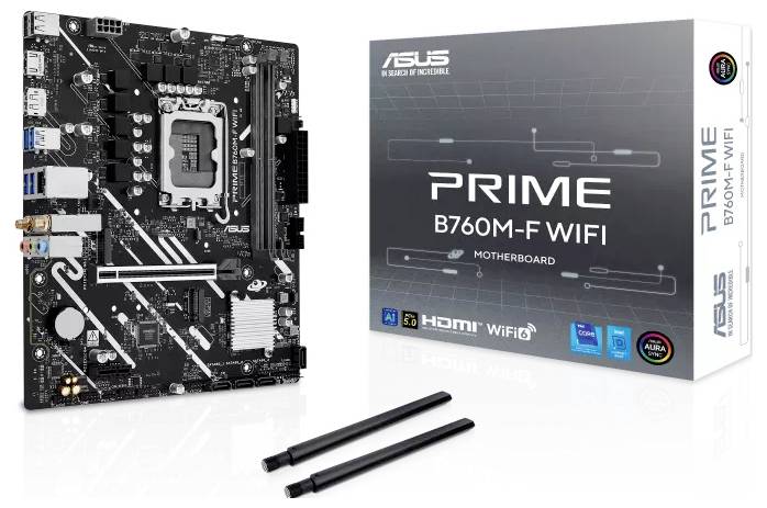 'L'image montre une carte mère Asus PRIME B760M-F WIFI avec son emballage. Deux antennes WiFi sont également présentées.'