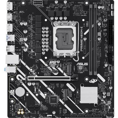 Une carte mère noire étiquetée 'PRIME H810M-E' avec des emplacements pour RAM, CPU et divers connecteurs pour composants périphériques.