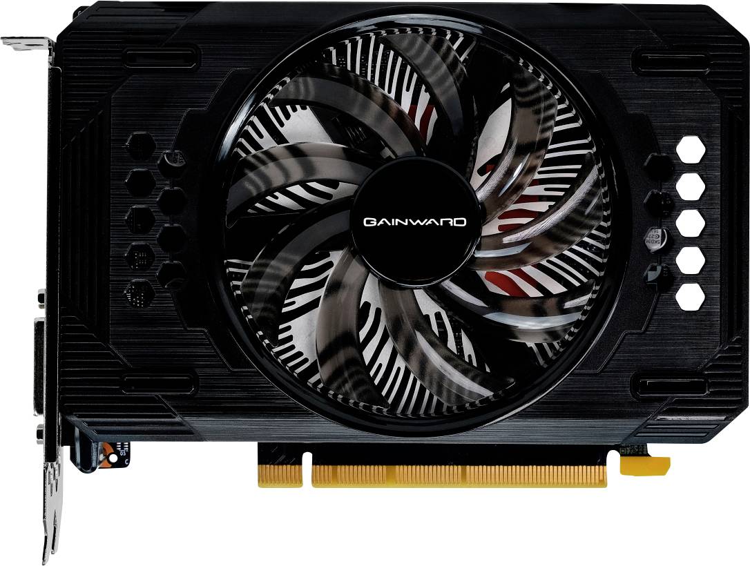 Une carte graphique noire avec un grand ventilateur central de refroidissement et des connecteurs orange. Le nom de marque « GAINWARD » est visible sur le moyeu du ventilateur.
