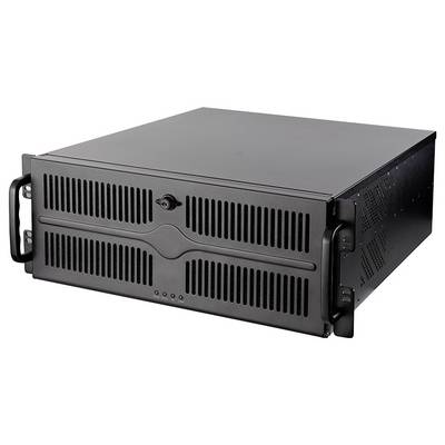 Un grand boîtier d'ordinateur serveur noir avec des grilles de ventilation frontales et des poignées latérales, conçu pour une utilisation en centre de données ou dans un environnement industriel.