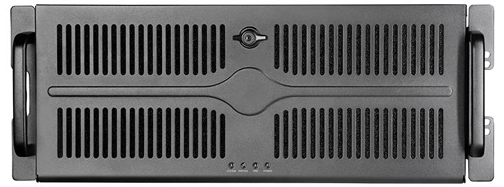 Un panneau frontal de rack serveur noir avec des fentes de ventilation verticales, une serrure centrale et des voyants lumineux près du bord inférieur.