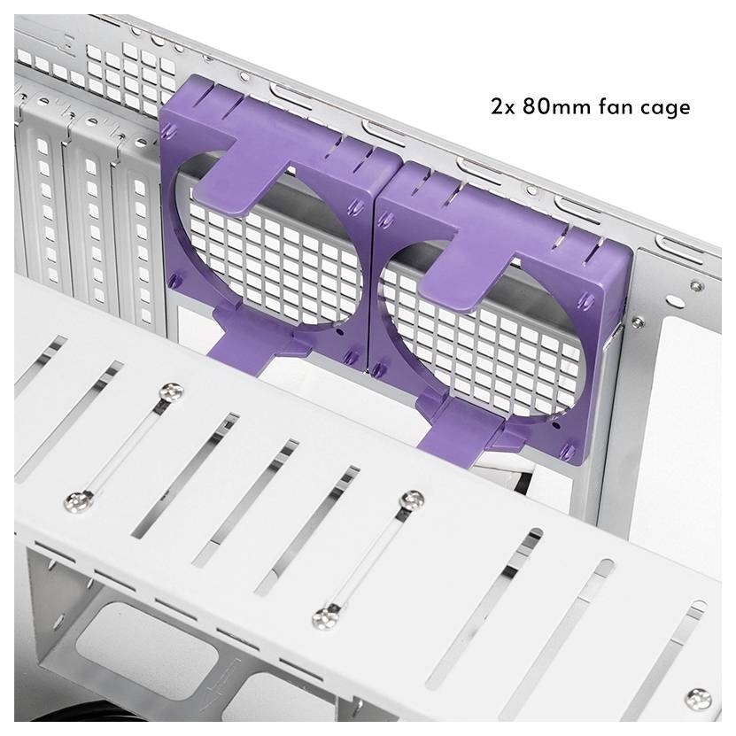 Intérieur d'un boîtier d'ordinateur montrant deux cages de ventilateurs de 80 mm de couleur violette, illustrant la conception de la ventilation et l'espace d'installation dans un montage de PC.