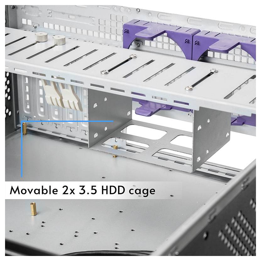 Intérieur d'un boîtier d'ordinateur en métal avec texte étiqueté « Cage à disques durs 2x 3.5 amovible », montrant des supports ajustables et des emplacements pour disques durs.