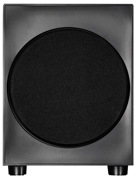 Un haut-parleur de caisson de basses noir avec un boîtier carré et une grille avant circulaire, conçu pour améliorer les basses dans les systèmes audio.