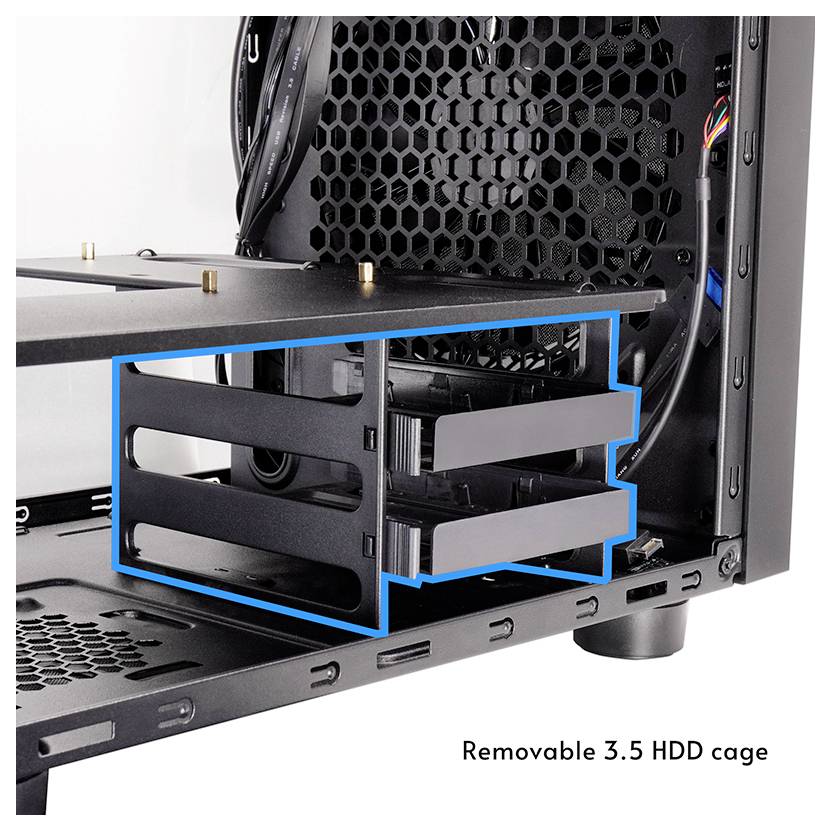 Image montrant une cage de disque dur amovible de 3,5 pouces à l'intérieur d'un boîtier d'ordinateur, conçue pour faciliter l'accès et l'installation des disques durs.