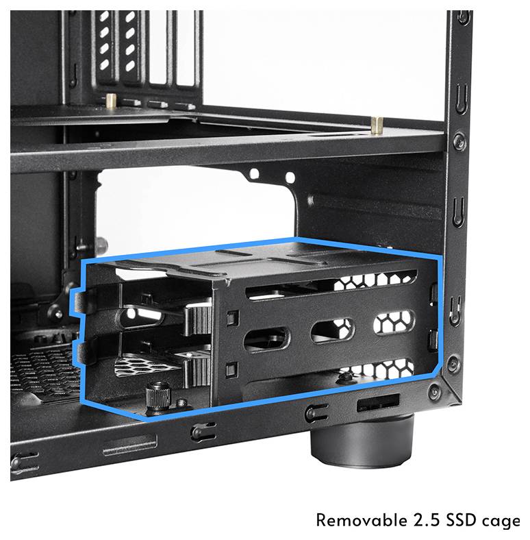 Intérieur d'un boîtier d'ordinateur montrant une cage de SSD 2,5" amovible en surbrillance, illustrant la flexibilité de configuration de stockage.