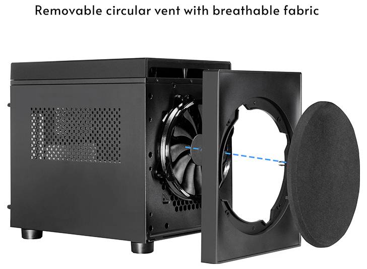 Un boîtier d'ordinateur noir avec une grille de ventilation circulaire amovible, montrant un ventilateur à l'intérieur. La grille comporte un tissu respirant. Le texte au-dessus indique « Grille de ventilation circulaire amovible avec tissu respirant ».