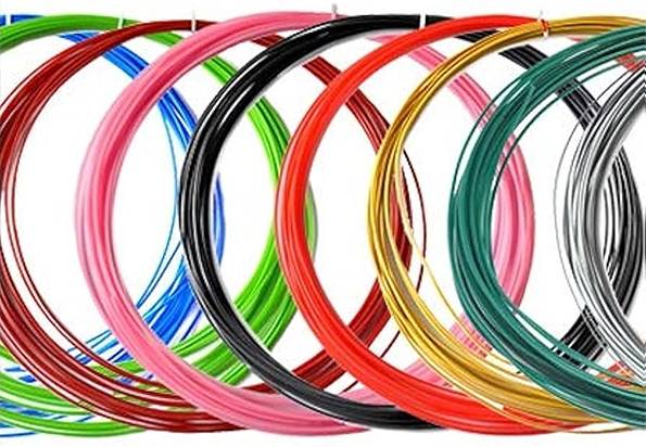 Des bobines colorées de fils dans des tons de rouge, bleu, rose, vert et noir sont disposées en cercles superposés sur un fond blanc.