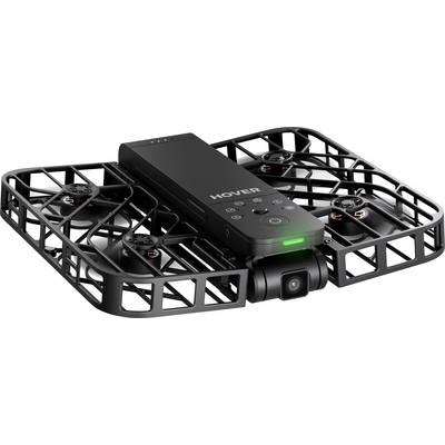 Un drone noir et rectangulaire portant l'inscription « HOVER » sur le dessus, équipé de quatre hélices dans un cadre de protection et doté d'une caméra à l'avant.