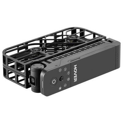 Drone noir portable tenu à la main avec des pales de rotor fermées, étiqueté 'HOVER', équipé d'une caméra orientée vers l'avant et de boutons de commande sur le dessus.