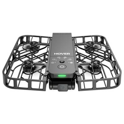 Un drone compact noir avec des protège-hélices, une caméra à l'avant, et des boutons de contrôle sur le dessus, portant le nom de marque 'Hover'.