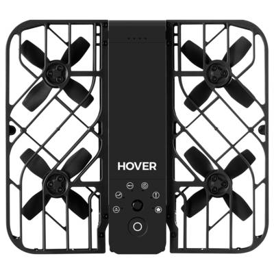 Un drone quadricoptère noir avec un boîtier de protection sur tous les côtés, doté d'un panneau central portant l'inscription « HOVER » et des boutons de commande en dessous.