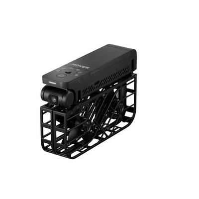 Un drone compact noir avec une caméra, enfermé dans une cage de protection, conçu pour la photographie aérienne ou la capture vidéo.