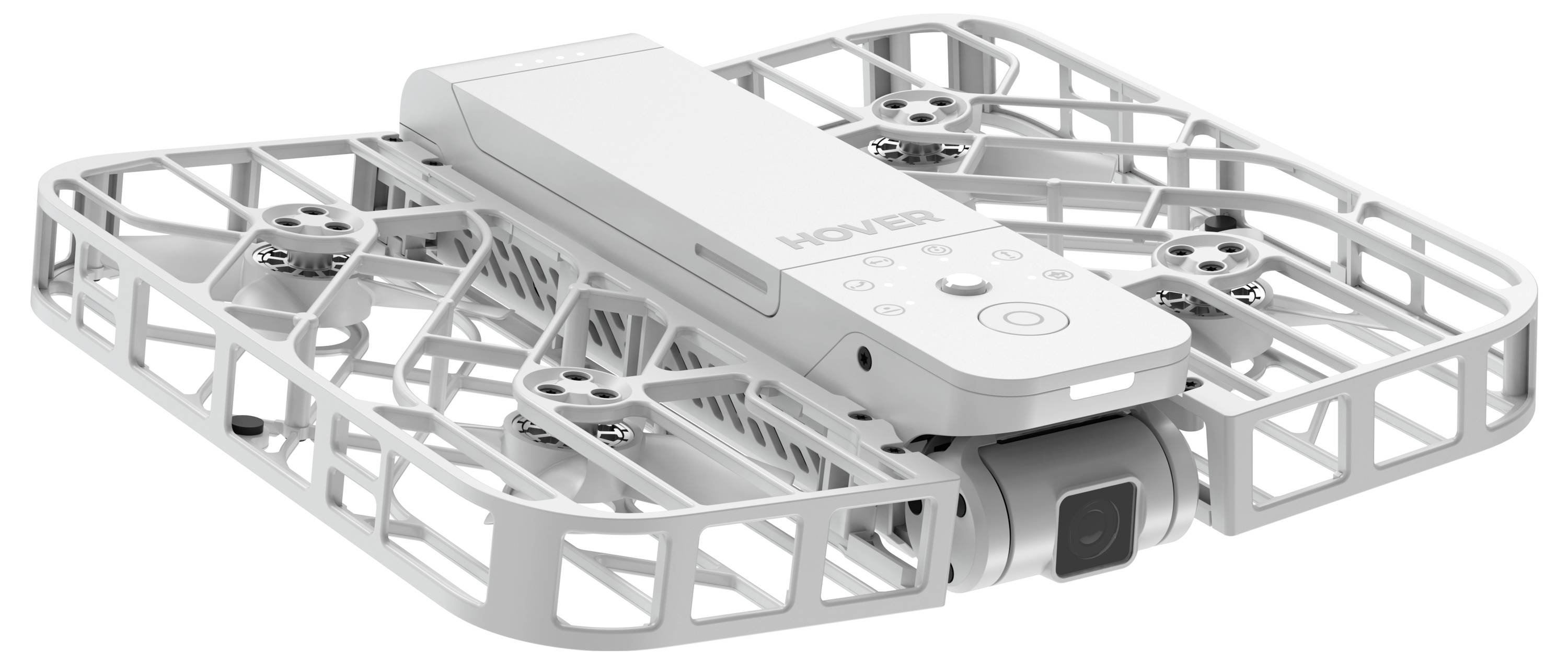 Drone quadricoptère compact avec un cadre de protection, équipé d'une caméra sur sa face inférieure, adapté pour la photographie aérienne.