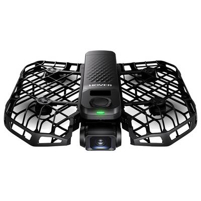 Un drone compact avec une grille de protection autour de ses hélices, équipé d'une caméra à l'avant et du texte « Hover » sur sa surface supérieure.