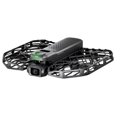 Un drone compact avec un boîtier de protection, équipé d'une caméra et d'un voyant lumineux vert à l'avant, conçu pour la photographie aérienne.