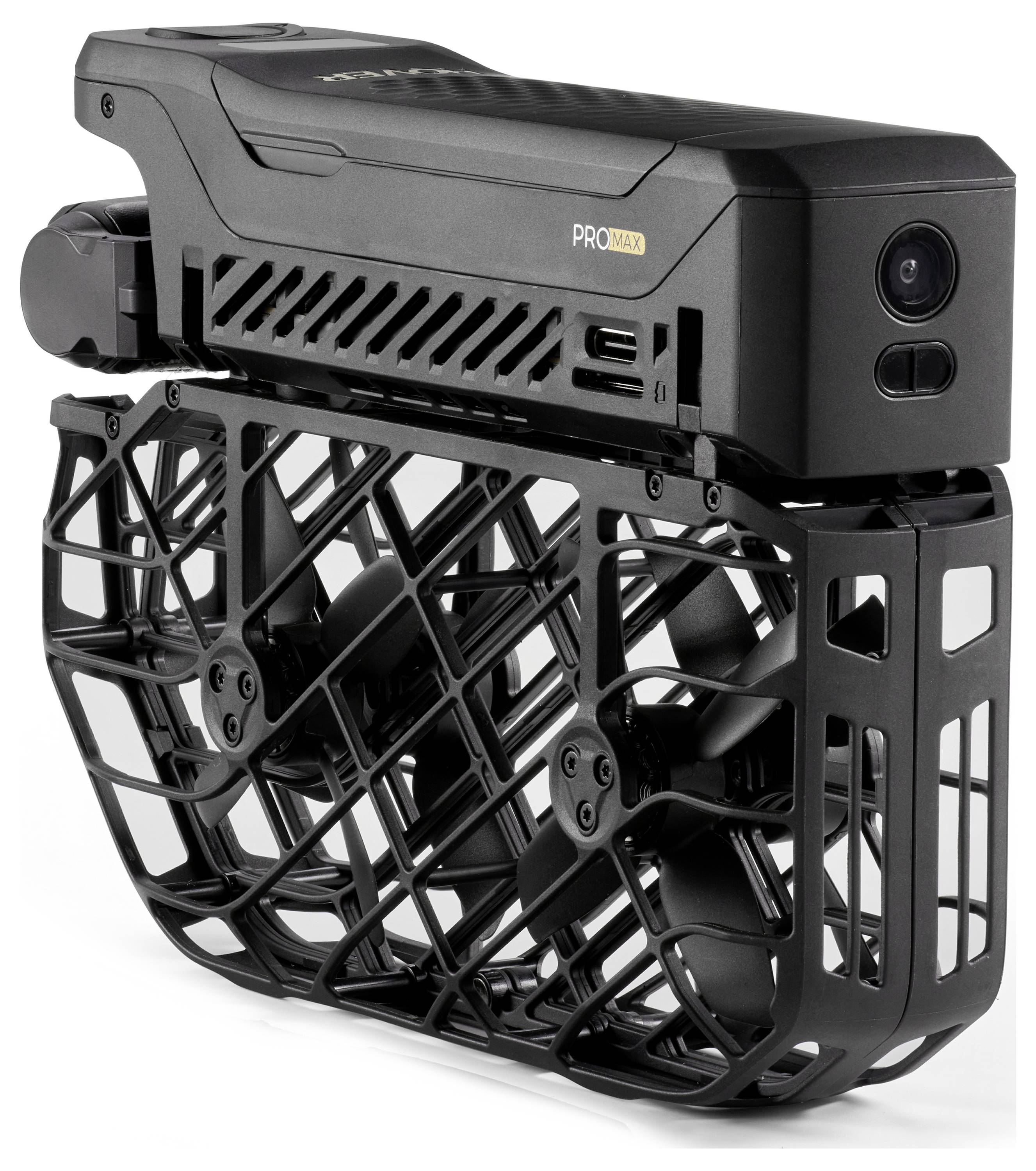 Un drone portable compact avec un design de cage noir qui entoure les hélices, doté d'une caméra à l'avant. Il est étiqueté 'PRO MAX' sur le côté.