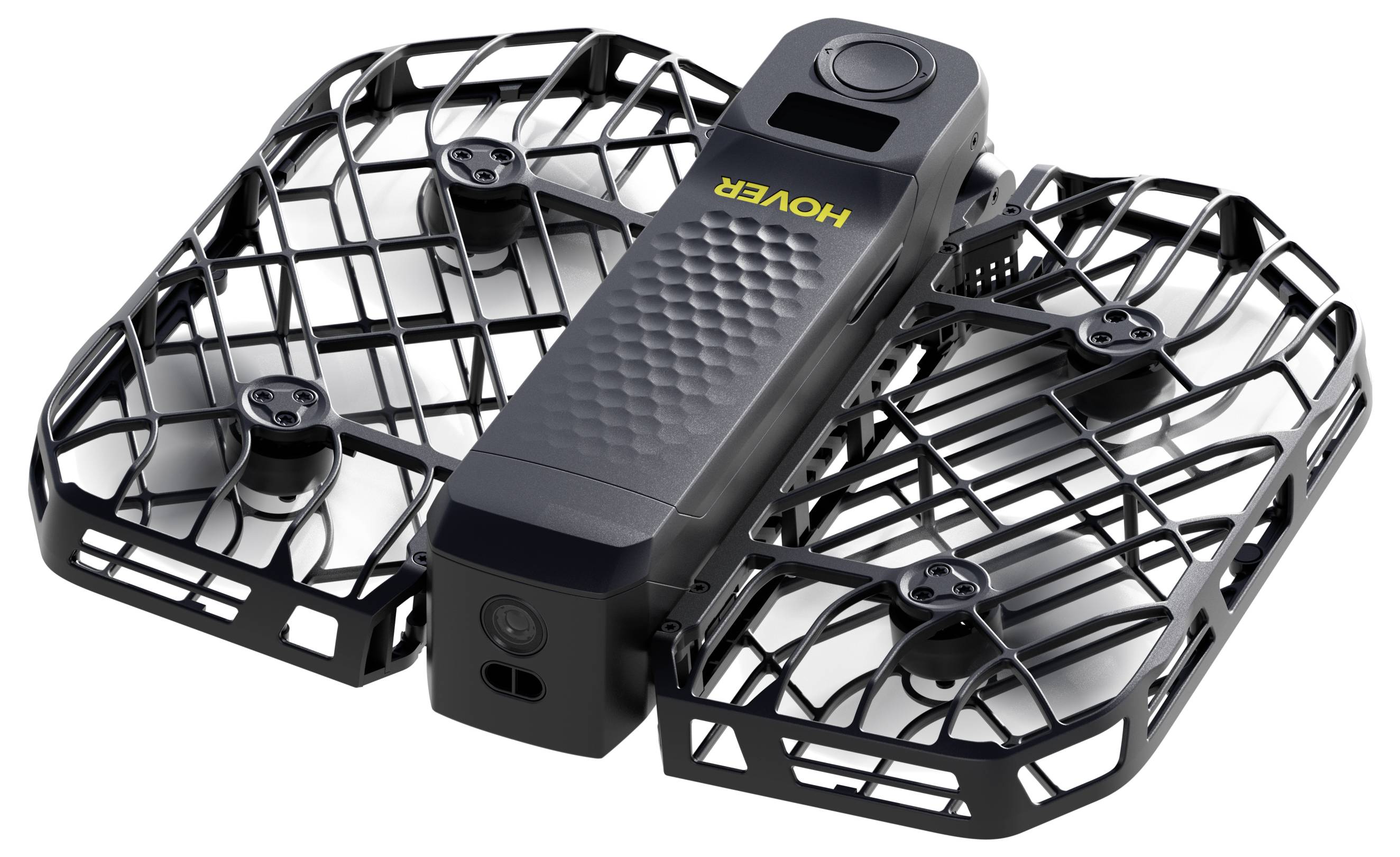 Un drone noir et gris avec des protections grillagées autour de ses hélices, portant le mot « HOVER » en jaune sur le dessus.