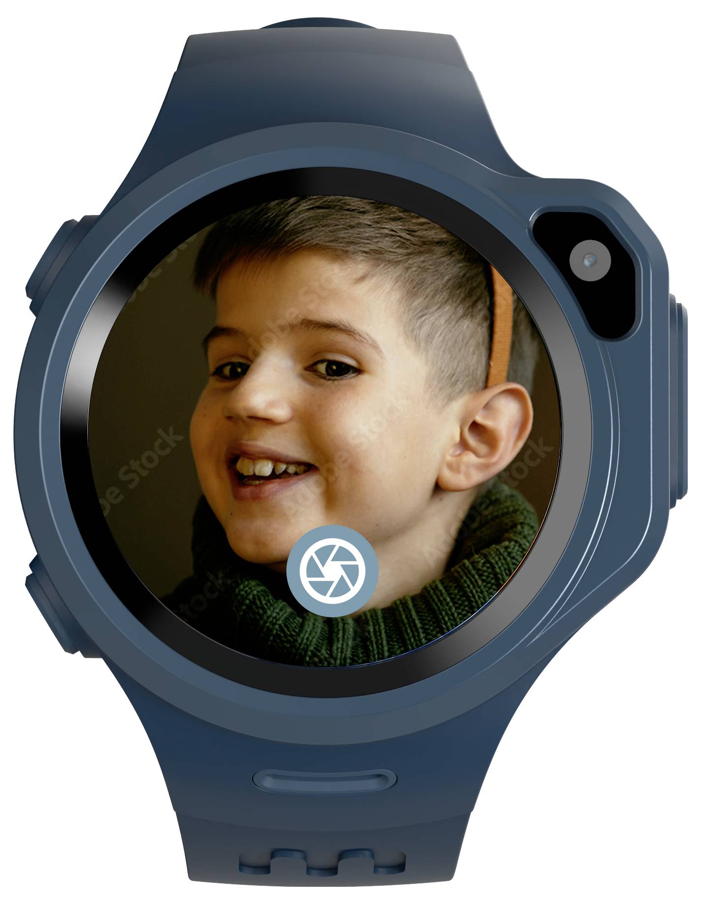 Smartwatch affichant un enfant souriant portant un pull. La montre a un bracelet bleu et un design géométrique.