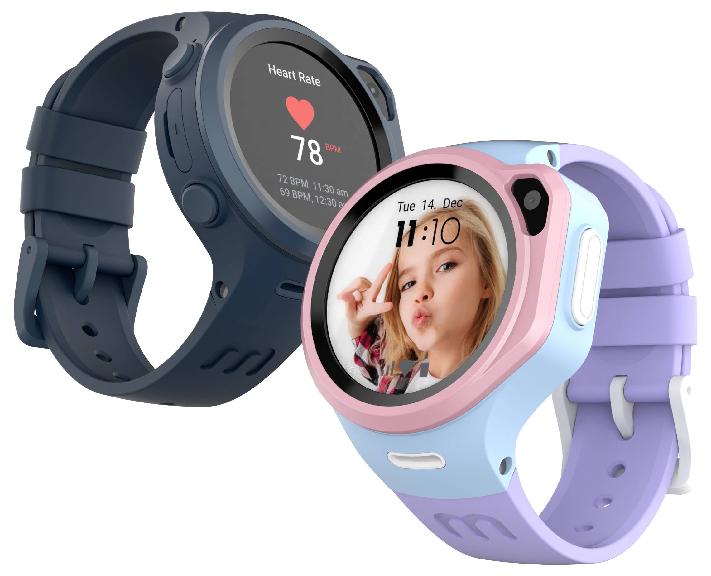 Deux montres intelligentes : l'une affiche un rythme cardiaque de 78 battements par minute, l'autre présente la photo d'une fille et l'heure '11:10' sur un écran coloré.