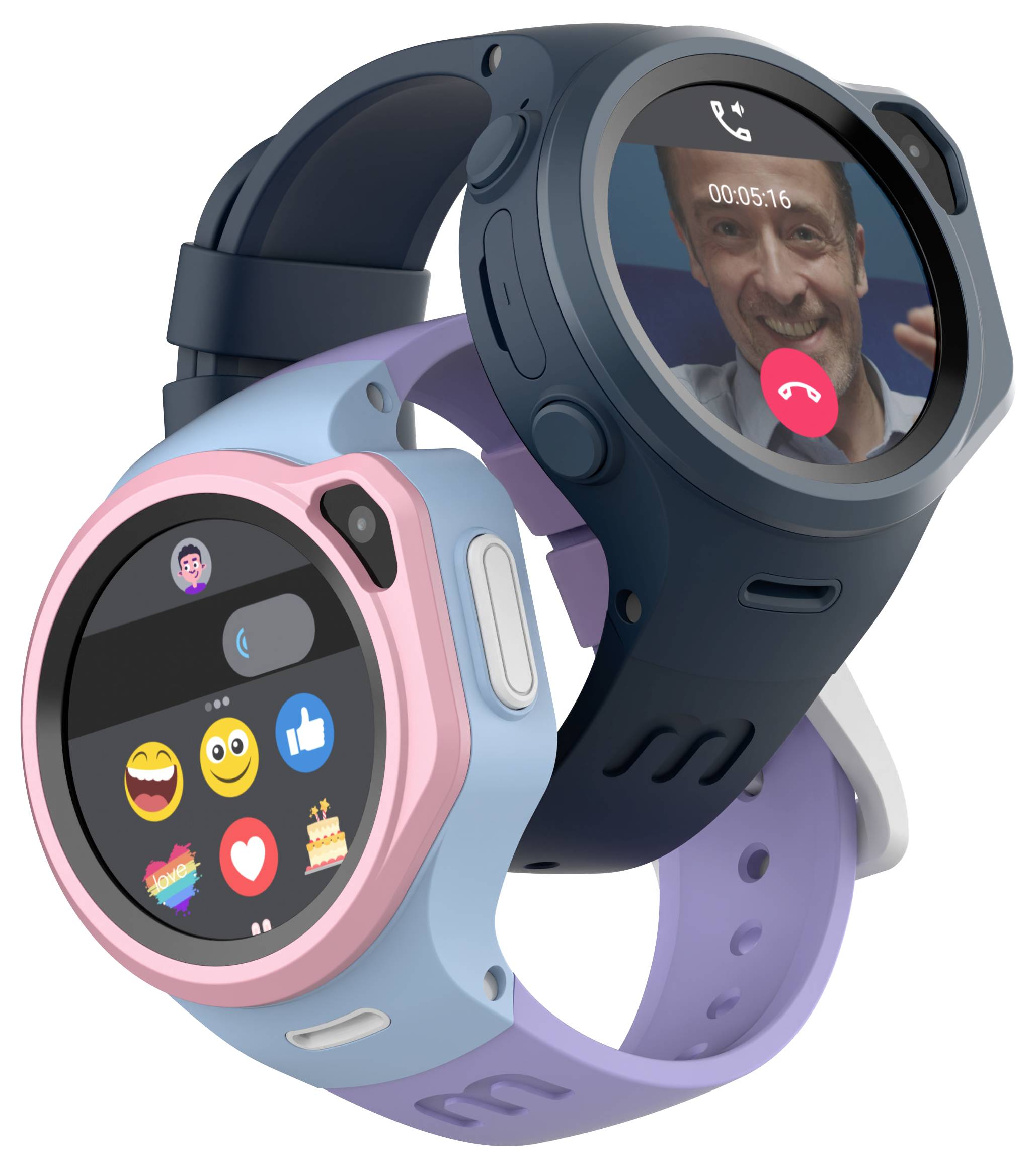 Deux montres connectées, l'une rose et bleue affichant des emojis, l'autre bleu marine avec un appel vidéo en cours, illustrent les fonctionnalités des technologies portables.