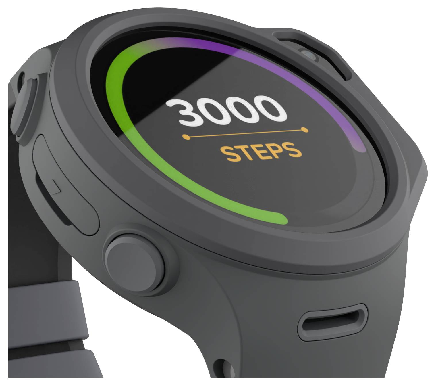 Une montre connectée affichant « 3000 pas » sur son écran, avec une barre de progression circulaire indiquant l'activité de marche, présentant un design élégant en noir.