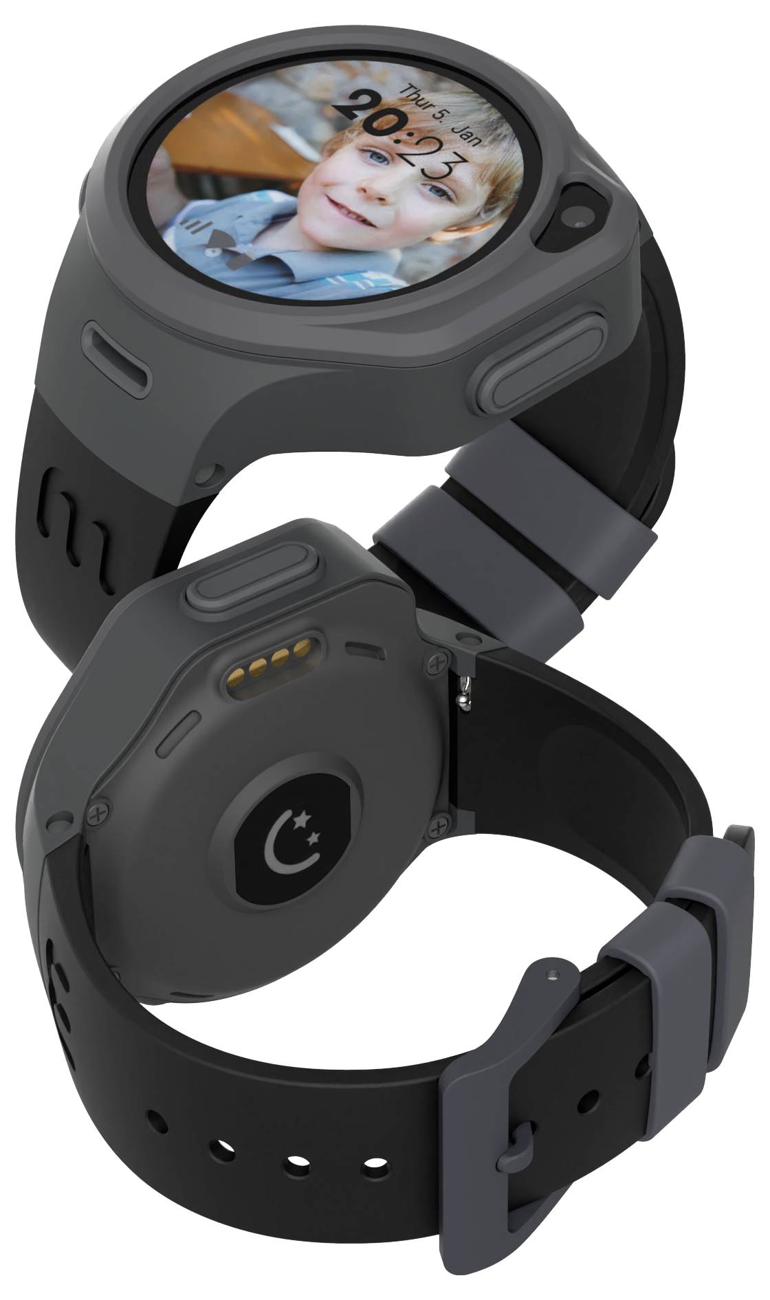 Deux montres connectées grises, l'une affichant le visage d'un enfant et une date, 2025. Le design présente un écran rond et des bracelets noirs.