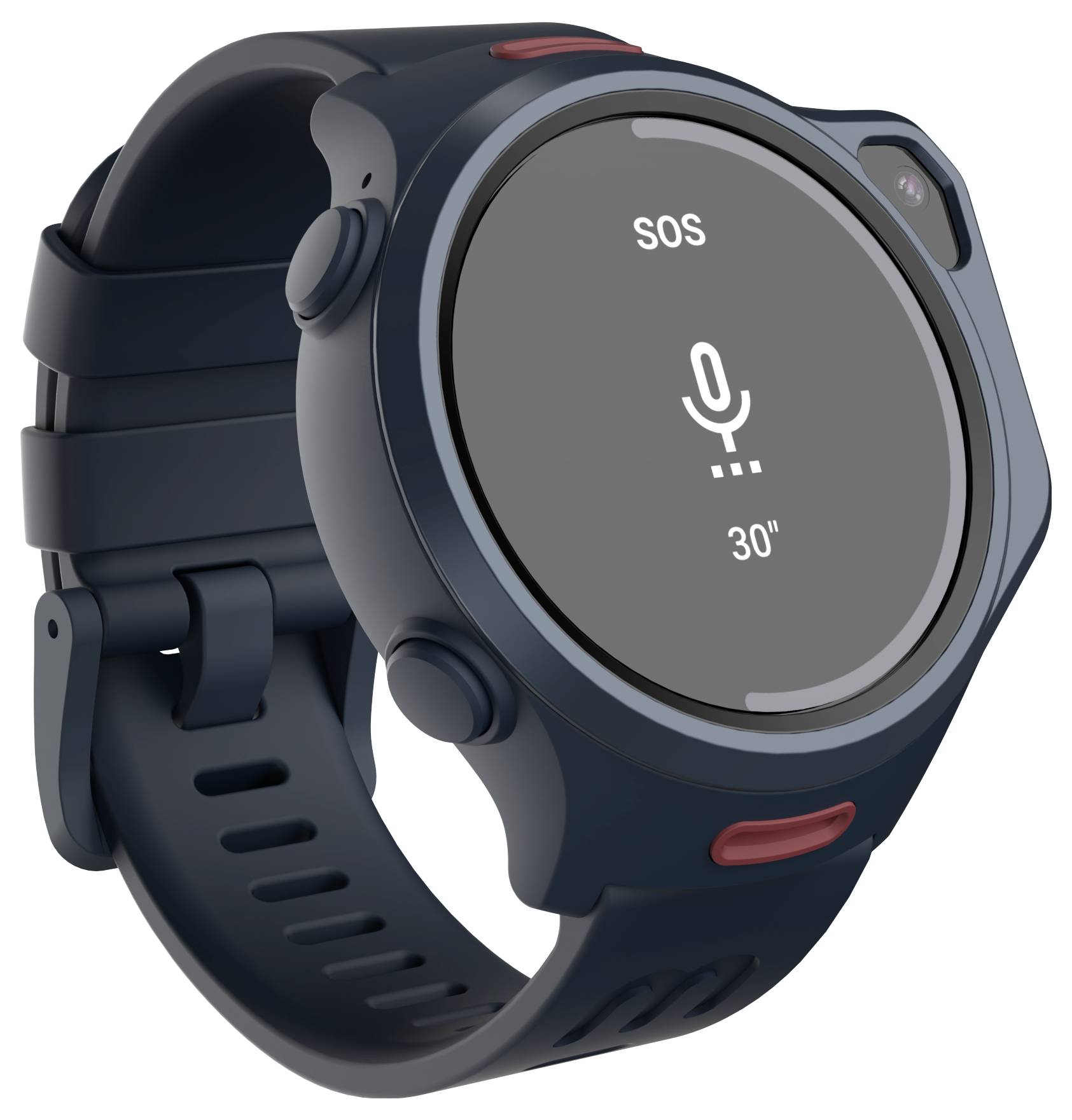 Une montre intelligente noire avec un cadran rond présentant un bouton d'alerte « SOS » en haut, une icône de microphone, et « 30" » en dessous, indiquant l'enregistrement vocal.