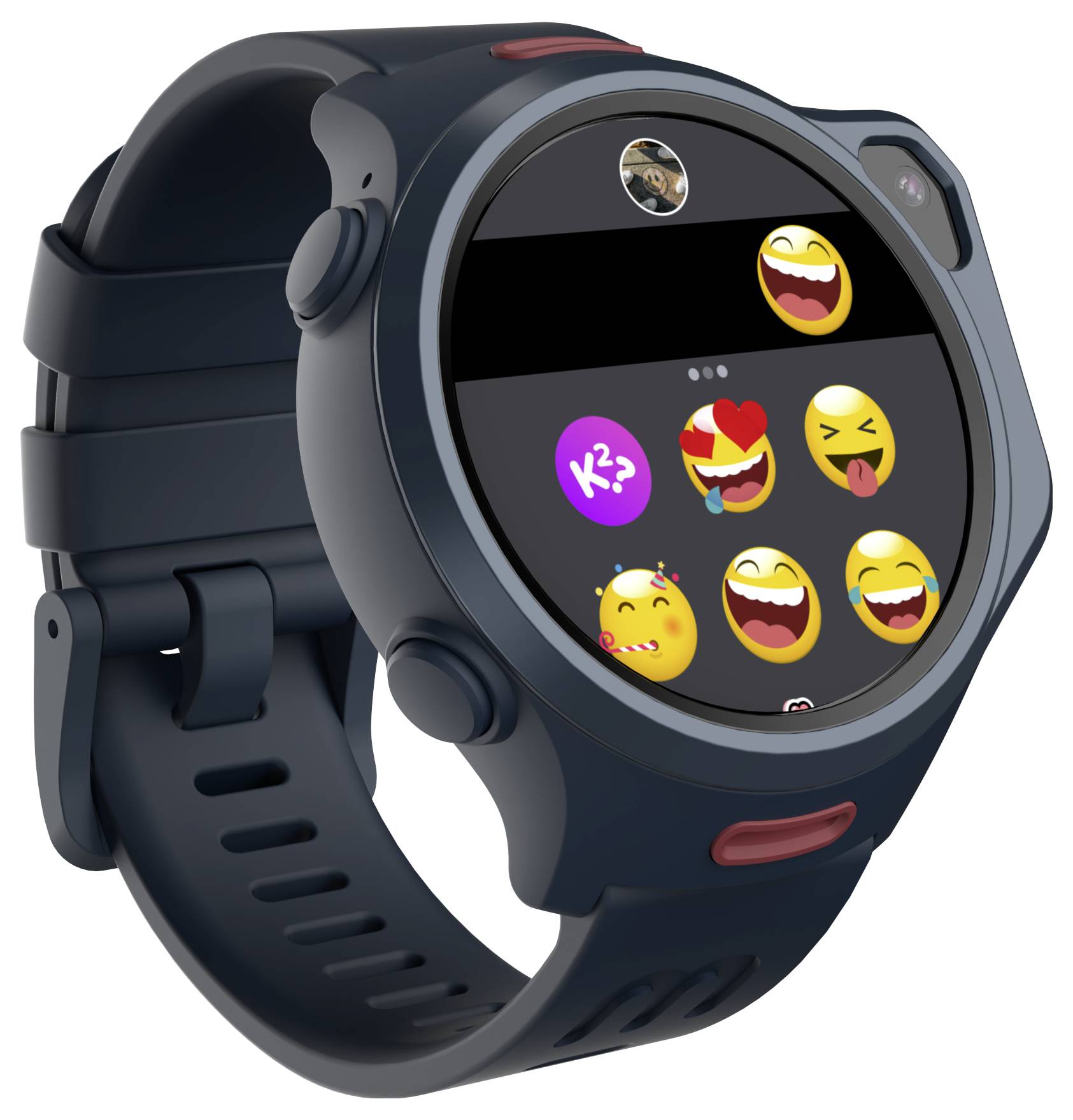 Une montre connectée avec un bracelet sombre affiche un menu d'emojis sur son écran, présentant divers visages expressifs et icônes dans une disposition en grille.