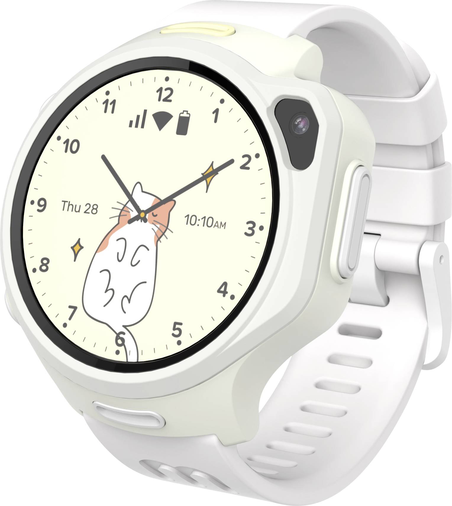 Une montre connectée affichant l'heure « 10:10 », la date « Jeu 28 », et une illustration mignonne d'un rongeur sur le cadran, avec un bracelet blanc.