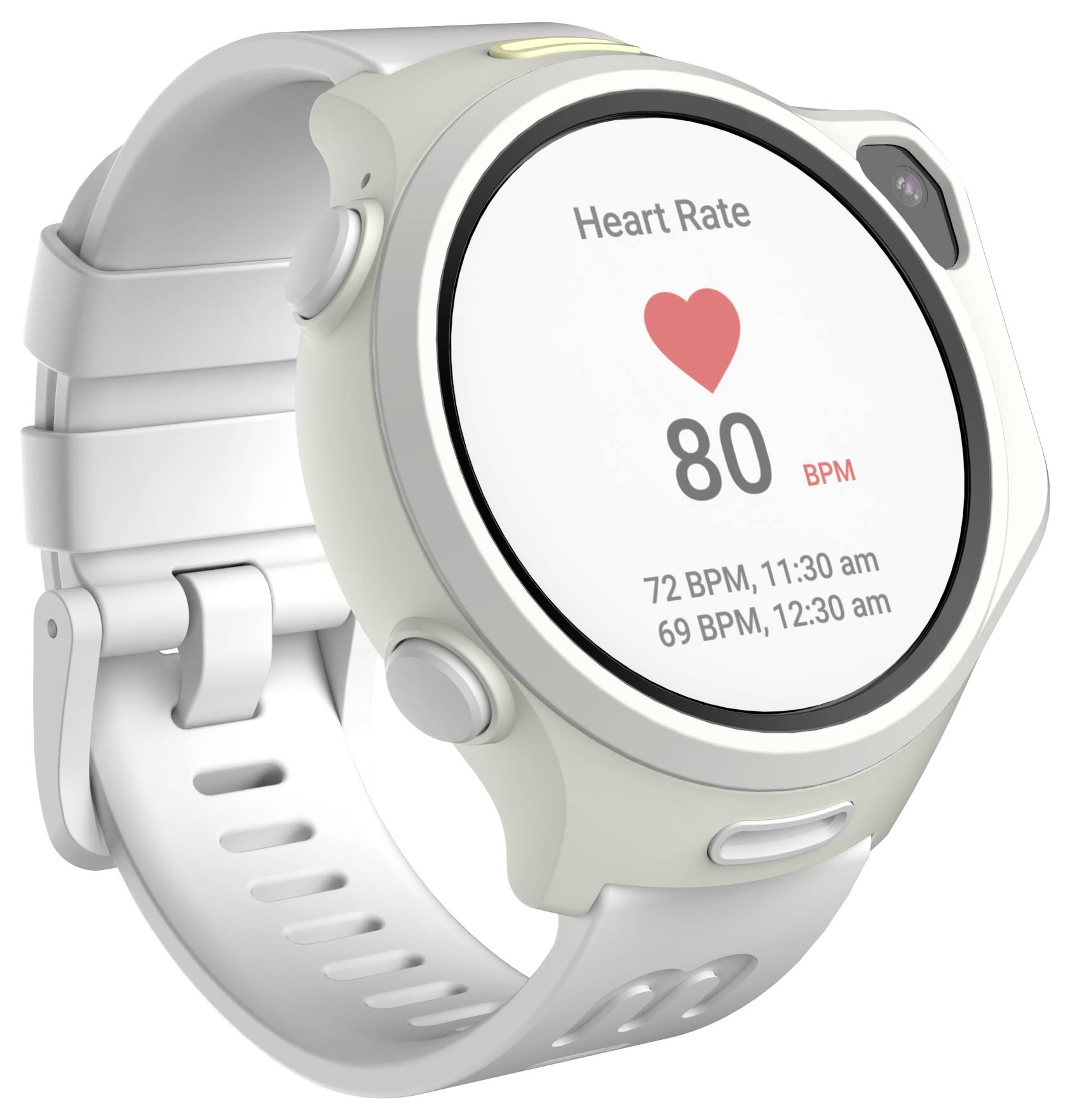 Une montre connectée affiche un rythme cardiaque de 80 battements par minute, avec des mesures précédentes de 72 battements par minute à 9h30 et 69 battements par minute à 00h30.
